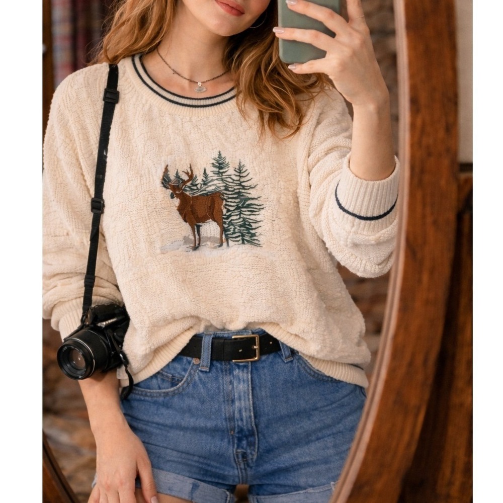 Vintage Fieldmaster Men's Cream  Knit Deer‎ Buck Embroidery Sweater- Large Tall
